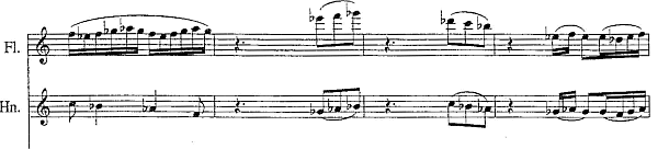 E. Ewazen – Ballade, Pastorale and Dance, fragment 1. części, partia fletu i waltorni, t. 118-121