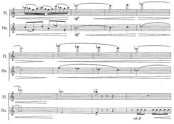 E. Ewazen – Ballade, Pastorale and Dance, fragment 1. części, partia fletu i waltorni, t. 151-162