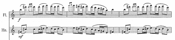 E. Ewazen – Ballade, Pastorale and Dance, fragment 3. części, partia fletu i waltorni, t. 39-41