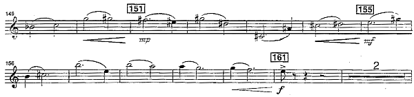 E. Ewazen – Ballade, Pastorale and Dance, fragment 3. części, partia waltorni, t. 149-163